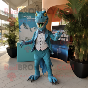 Cyan Spinosaurus mascot costume character dressed with a V-Neck Tee and Tie pins