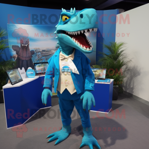 Cyan Spinosaurus mascot costume character dressed with a V-Neck Tee and Tie pins