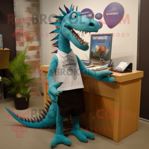 Cyan Spinosaurus mascot costume character dressed with a V-Neck Tee and Tie pins