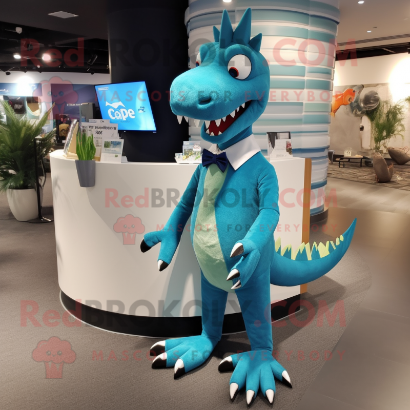 Cyan Spinosaurus mascot costume character dressed with a V-Neck Tee and Tie pins