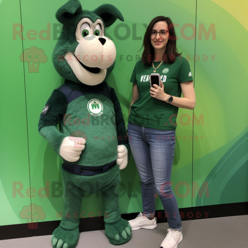 Forest Green Shepard'S Pie mascot costume character dressed with a Mom Jeans and Smartwatches