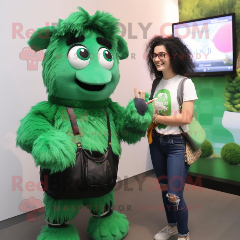 Forest Green Shepard'S Pie mascot costume character dressed with a Mom Jeans and Smartwatches