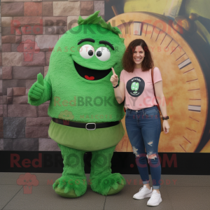 Forest Green Shepard'S Pie mascot costume character dressed with a Mom Jeans and Smartwatches
