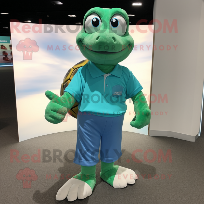 Cyan Turtle mascot costume character dressed with a Polo Shirt and Shoe clips