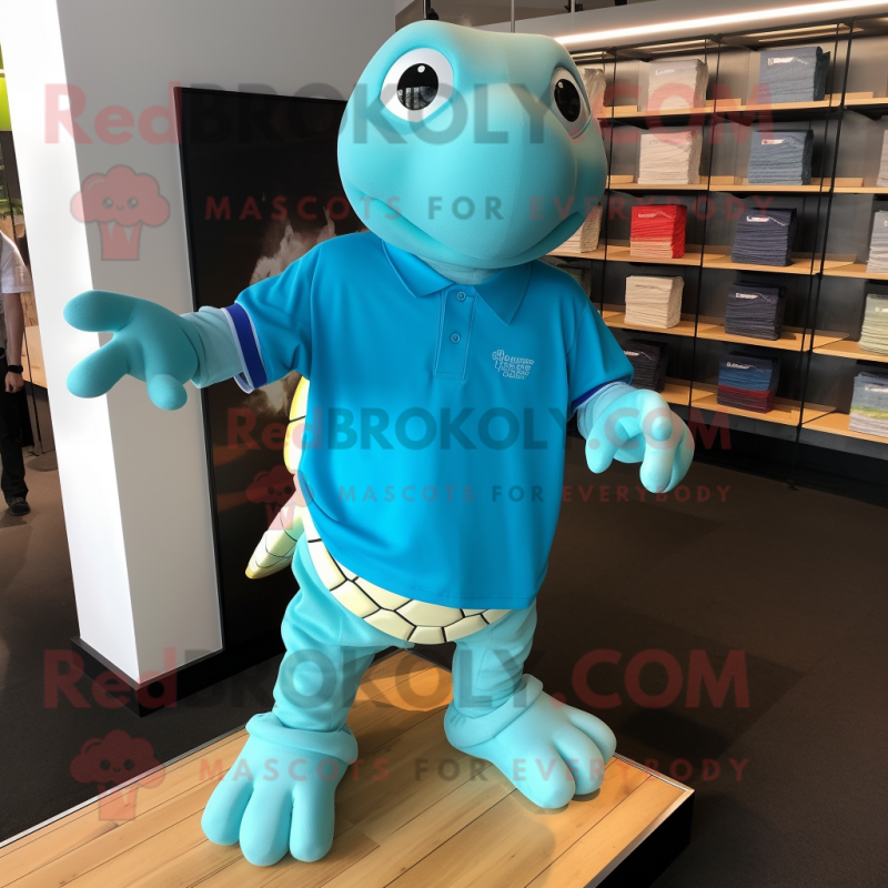 Cyan Turtle mascot costume character dressed with a Polo Shirt and Shoe clips