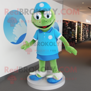 Cyan Turtle mascot costume character dressed with a Polo Shirt and Shoe clips