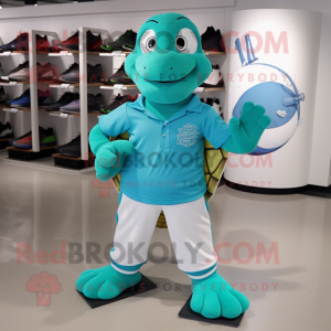Cyan Turtle mascot costume character dressed with a Polo Shirt and Shoe clips