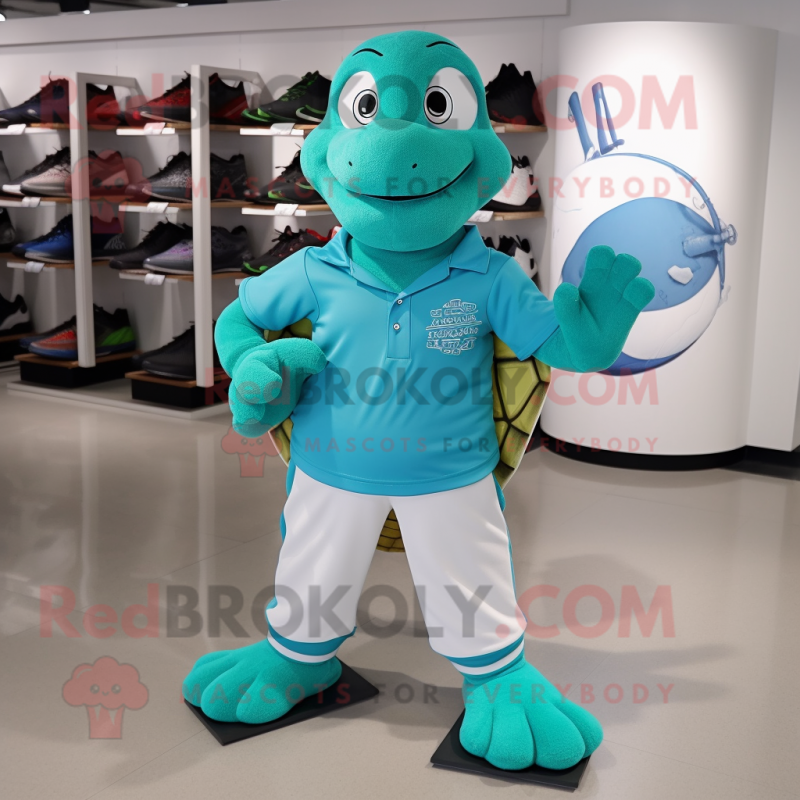 Cyan Turtle mascot costume character dressed with a Polo Shirt and Shoe clips Cyan Turtle mascot costume character dressed with a Polo Shirt and Shoe clips