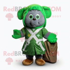 Green Celtic Cross mascot costume character dressed with a Parka and Messenger bags