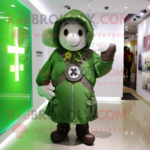 Green Celtic Cross mascot costume character dressed with a Parka and Messenger bags