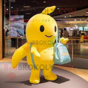 Lemon Yellow Narwhal mascot costume character dressed with a Jumpsuit and Handbags