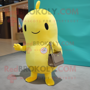 Lemon Yellow Narwhal mascot costume character dressed with a Jumpsuit and Handbags