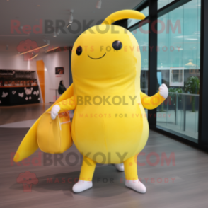 Lemon Yellow Narwhal mascot costume character dressed with a Jumpsuit and Handbags