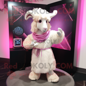 Pink Angora Goat mascot costume character dressed with a Bodysuit and Shawl pins