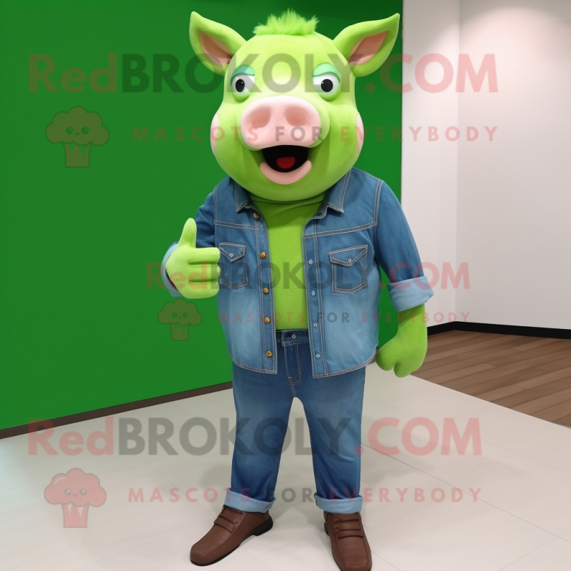 Forest Green Pig mascot costume character dressed with a Jeans and Earrings