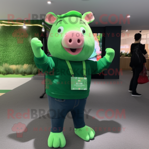 Forest Green Pig mascot costume character dressed with a Jeans and Earrings