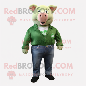 Forest Green Pig mascot costume character dressed with a Jeans and Earrings
