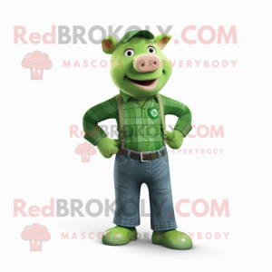 Forest Green Pig mascot costume character dressed with a Jeans and Earrings