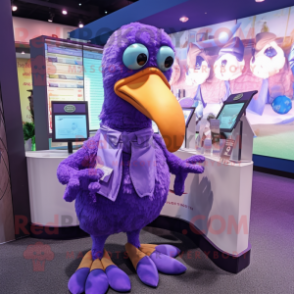 Lavender Dodo Bird mascot costume character dressed with a Turtleneck and Coin purses