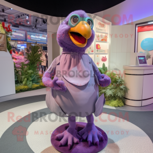 Lavender Dodo Bird mascot costume character dressed with a Turtleneck and Coin purses