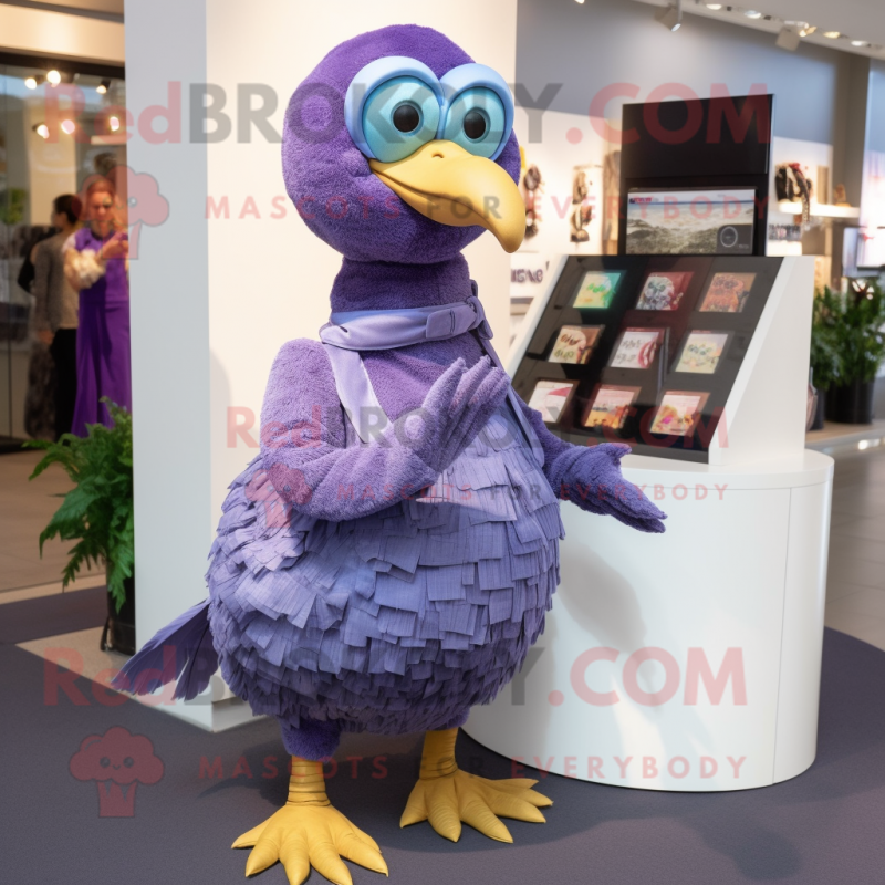 Lavender Dodo Bird mascot costume character dressed with a Turtleneck and Coin purses