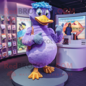 Lavender Dodo Bird mascot costume character dressed with a Turtleneck and Coin purses