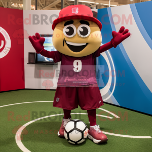 Maroon Soccer Goal mascot costume character dressed with a Shorts and Hat pins