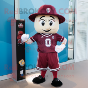 Maroon Soccer Goal mascot costume character dressed with a Shorts and Hat pins