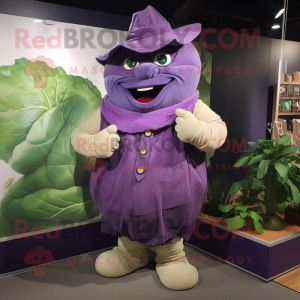 Purple Cabbage mascot costume character dressed with a Button-Up Shirt and Wraps