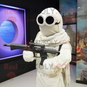 White Sniper mascot costume character dressed with a Tank Top and Scarf clips
