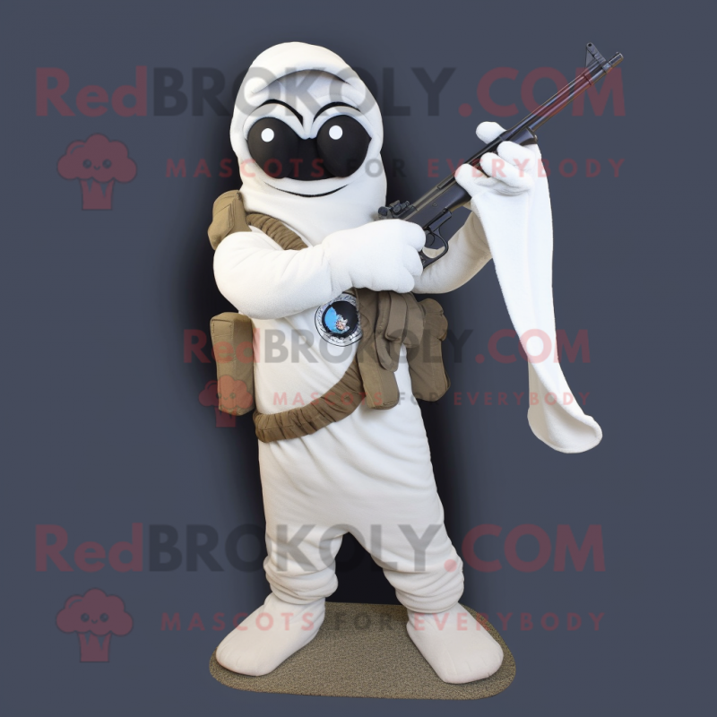 White Sniper mascot costume character dressed with a Tank Top and Scarf clips