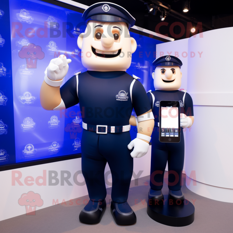 Navy Phone mascot costume character dressed with a Rugby Shirt and Smartwatches Navy Phone mascot costume character dressed with a Rugby Shirt and Smartwatches
