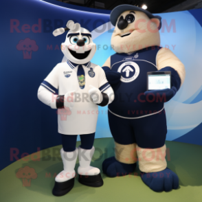 Navy Phone mascot costume character dressed with a Rugby Shirt and Smartwatches