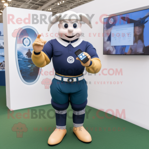 Navy Phone mascot costume character dressed with a Rugby Shirt and Smartwatches