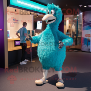 Teal Ostrich mascot costume character dressed with a Trousers and Smartwatches