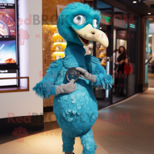 Teal Ostrich mascot costume character dressed with a Trousers and Smartwatches