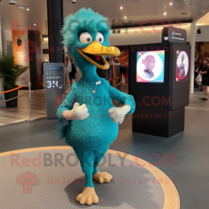 Teal Ostrich mascot costume character dressed with a Trousers and Smartwatches