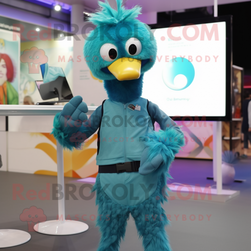 Teal Ostrich mascot costume character dressed with a Trousers and Smartwatches