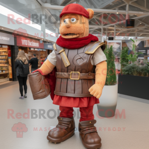 Rust Roman Soldier mascot costume character dressed with a Dungarees and Clutch bags