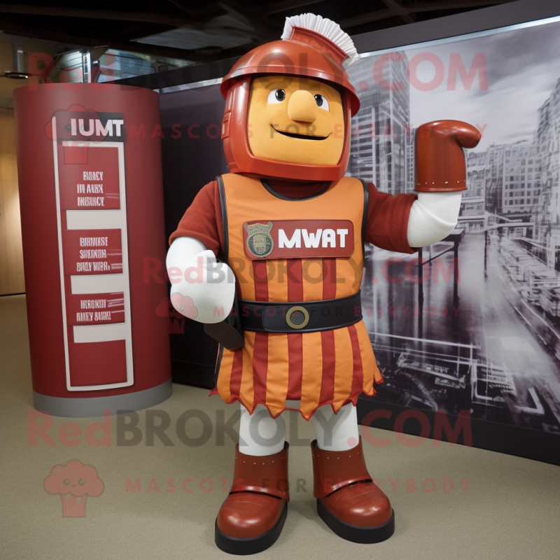 Rust Roman Soldier mascot costume character dressed with a Dungarees and Clutch bags