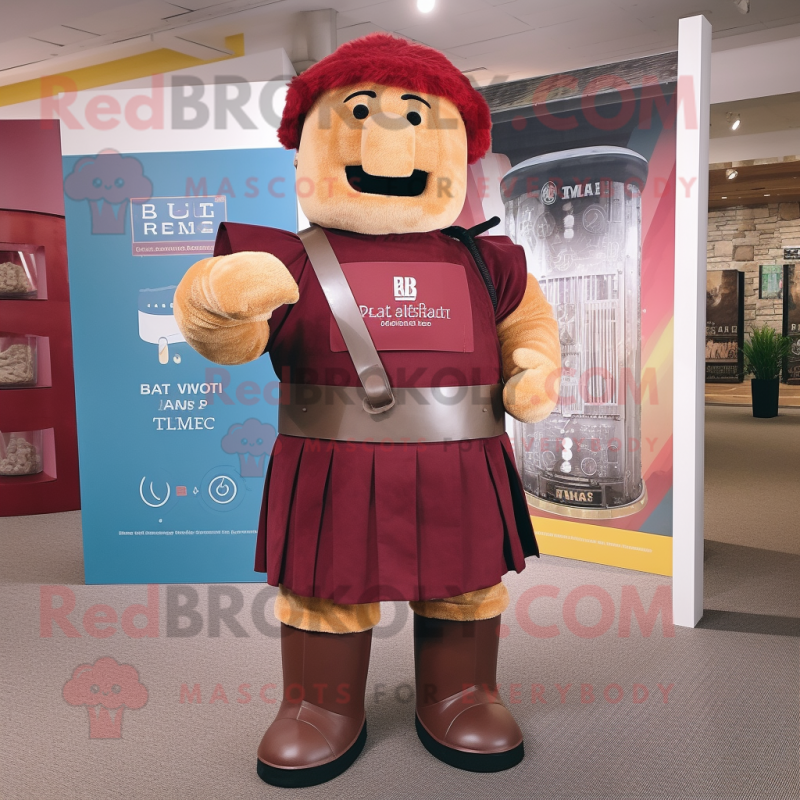 Rust Roman Soldier mascot costume character dressed with a Dungarees and Clutch bags Rust Roman Soldier mascot costume character dressed with a Dungarees and Clutch bags