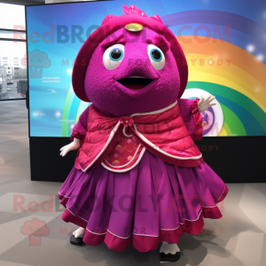 Magenta Fish Tacos mascot costume character dressed with a Circle Skirt and Shawl pins