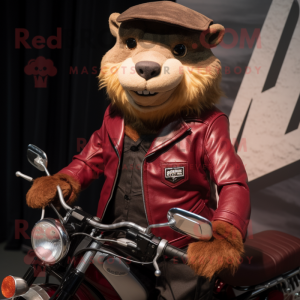 Maroon Marmot mascot costume character dressed with a Biker Jacket and Bow ties