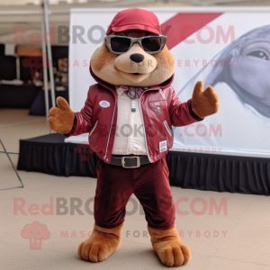 Maroon Marmot mascot costume character dressed with a Biker Jacket and Bow ties