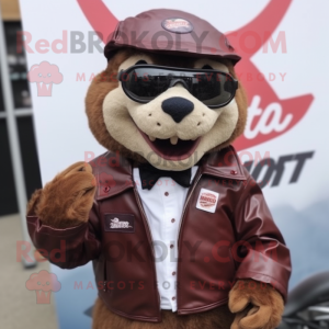 Maroon Marmot mascot costume character dressed with a Biker Jacket and Bow ties