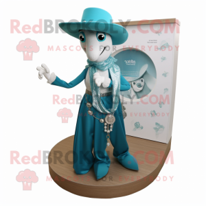Teal Cowboy mascot costume character dressed with a Wedding Dress and Necklaces