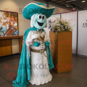 Teal Cowboy mascot costume character dressed with a Wedding Dress and Necklaces