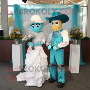 Teal Cowboy mascot costume character dressed with a Wedding Dress and Necklaces