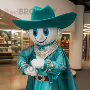 Teal Cowboy mascot costume character dressed with a Wedding Dress and Necklaces