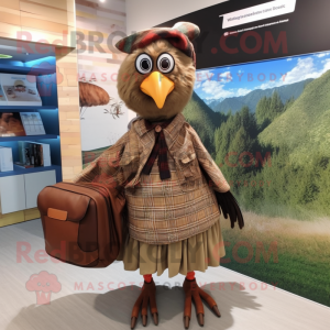 Brown Pheasant mascot costume character dressed with a Maxi Skirt and Backpacks